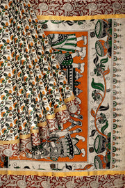 Mangalgiri silk cotton saree in off white & brown in  kalamkari print