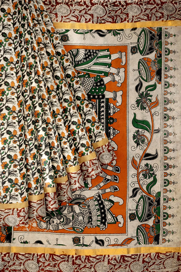 Mangalgiri silk cotton saree in off white & brown in  kalamkari print