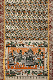 Mangalgiri silk cotton saree in off white & brown in  kalamkari print