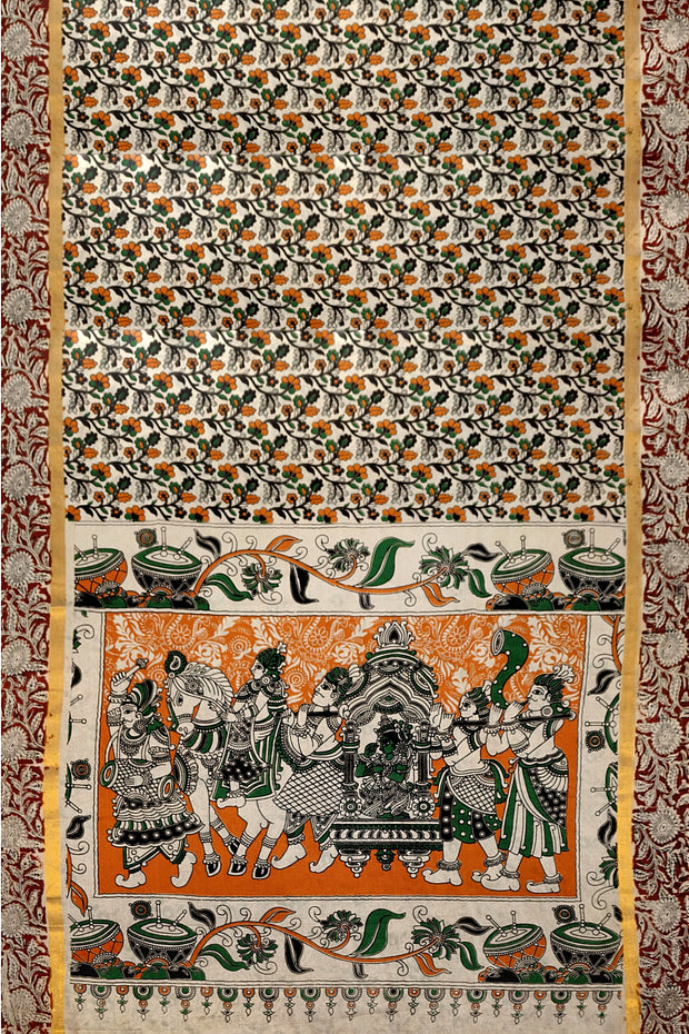 Mangalgiri silk cotton saree in off white & brown in  kalamkari print