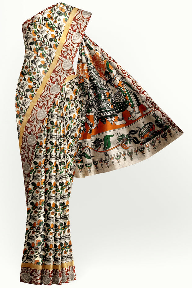 Mangalgiri silk cotton saree in off white & brown in  kalamkari print