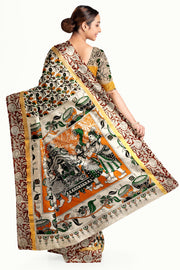 Mangalgiri silk cotton saree in off white & brown in  kalamkari print