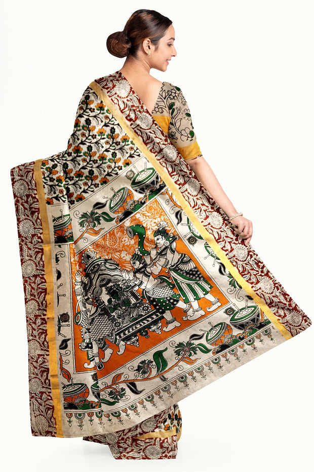 Mangalgiri silk cotton saree in off white & brown in  kalamkari print