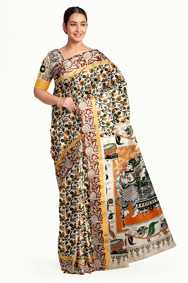 Mangalgiri silk cotton saree in off white & brown in  kalamkari print