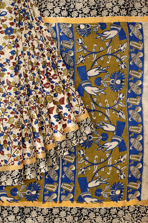 Mangalgiri silk cotton saree in off white  in  kalamkari print