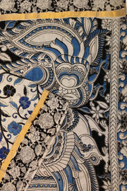 Mangalgiri silk cotton saree in off white & blue in  kalamkari print
