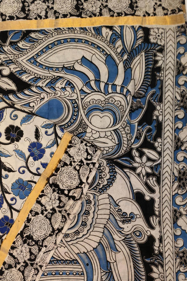 Mangalgiri silk cotton saree in off white & blue in  kalamkari print
