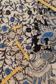 Mangalgiri silk cotton saree in off white & blue in  kalamkari print