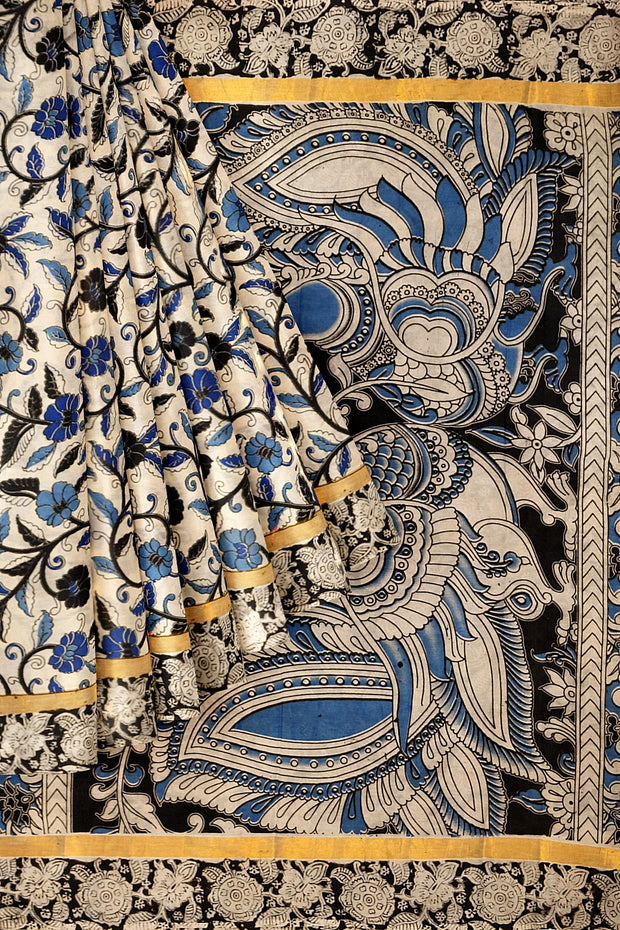 Mangalgiri silk cotton saree in off white & blue in  kalamkari print