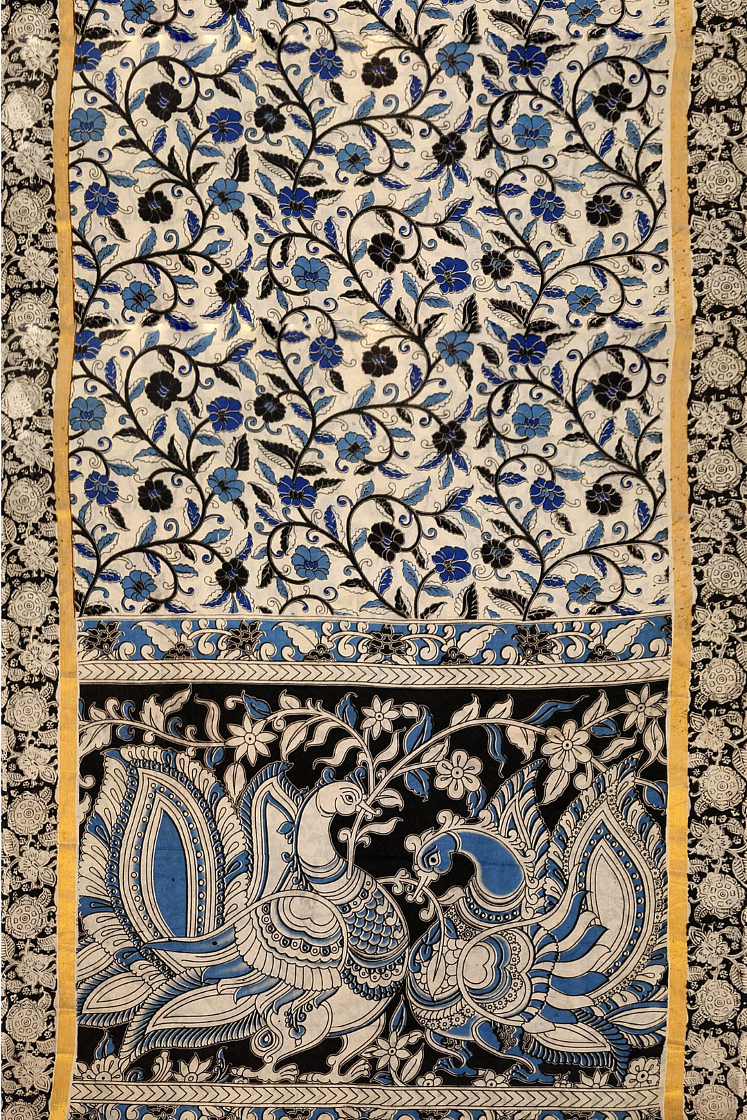 Mangalgiri silk cotton saree in off white & blue in  kalamkari print