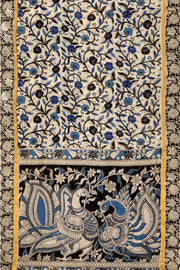 Mangalgiri silk cotton saree in off white & blue in  kalamkari print