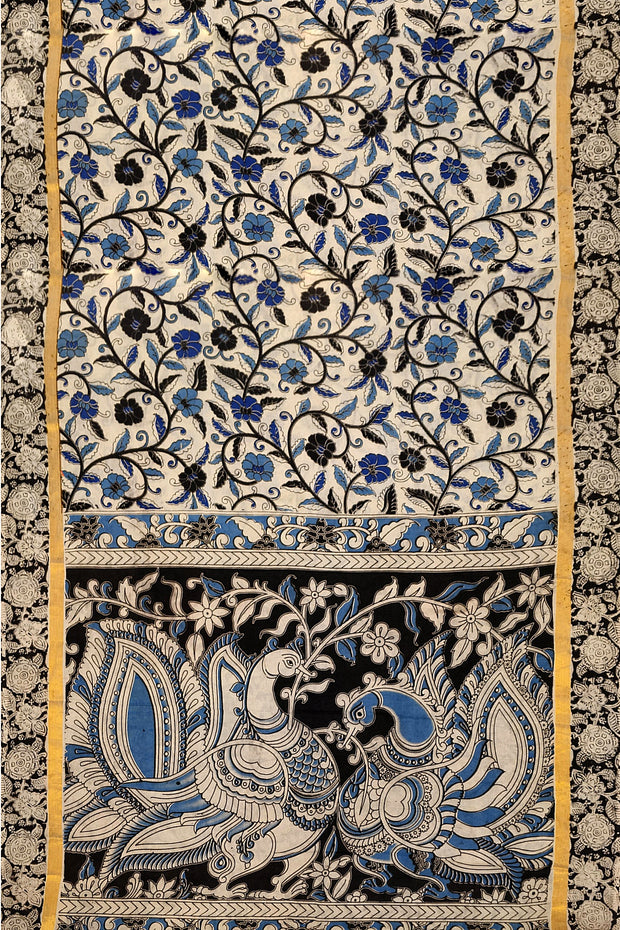 Mangalgiri silk cotton saree in off white & blue in  kalamkari print