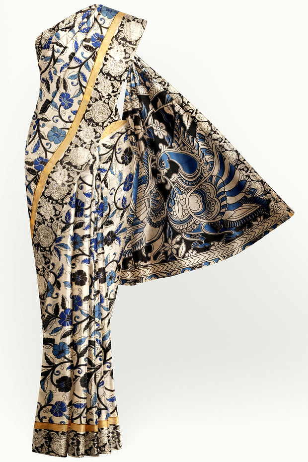 Mangalgiri silk cotton saree in off white & blue in  kalamkari print