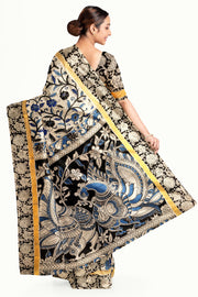 Mangalgiri silk cotton saree in off white & blue in  kalamkari print