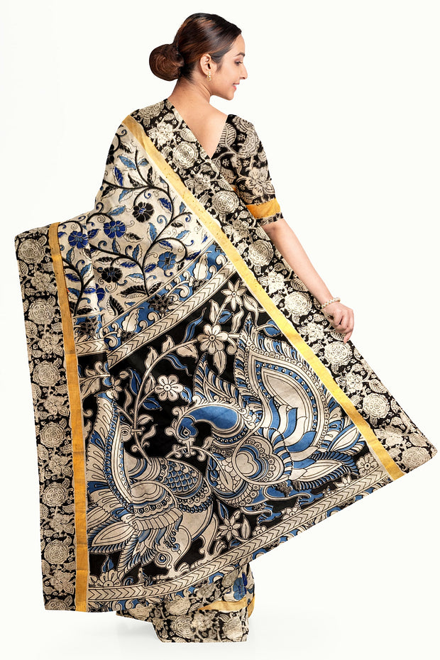 Mangalgiri silk cotton saree in off white & blue in  kalamkari print