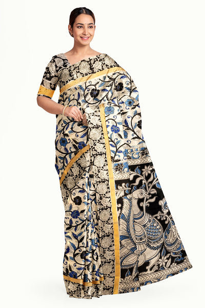Mangalgiri silk cotton saree in off white & blue in  kalamkari print