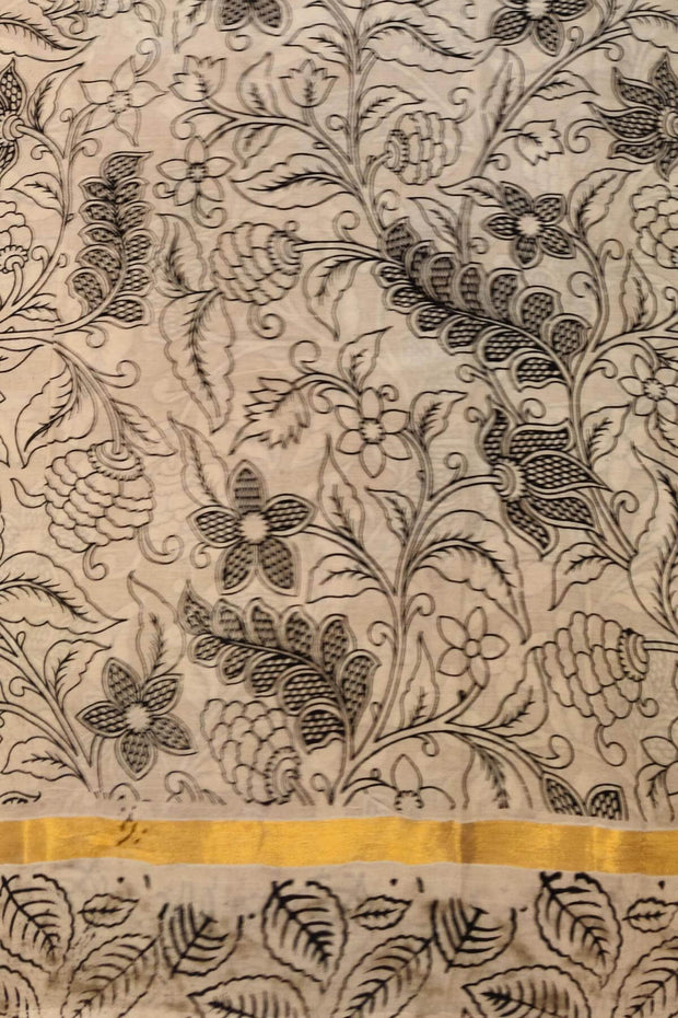 Mangalgiri silk cotton saree in mustard in  kalamkari print