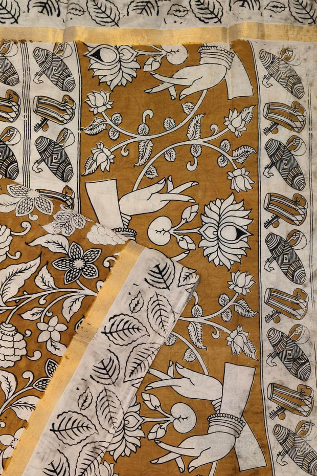 Mangalgiri silk cotton saree in mustard in  kalamkari print