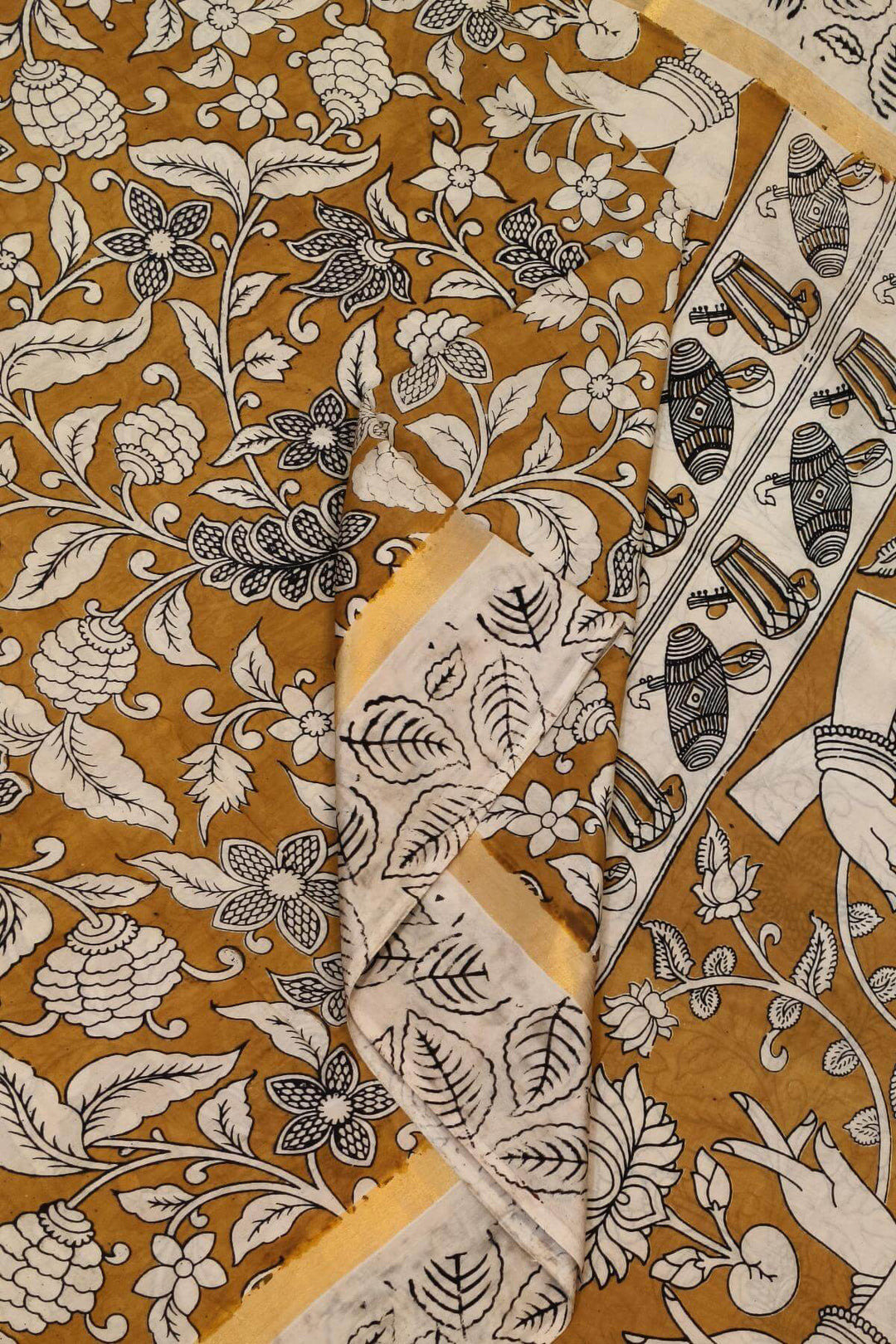 Mangalgiri silk cotton saree in mustard in  kalamkari print