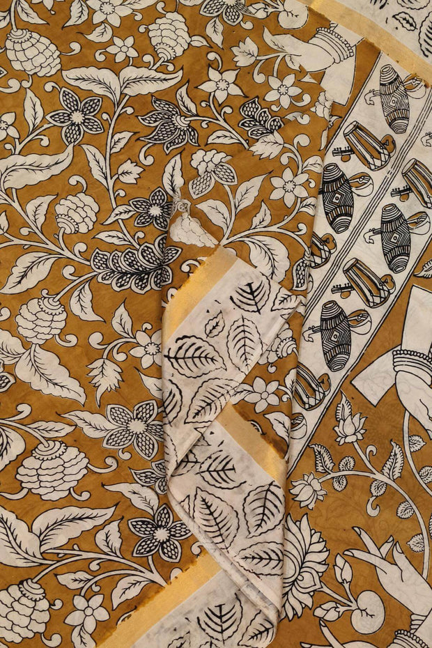 Mangalgiri silk cotton saree in mustard in  kalamkari print