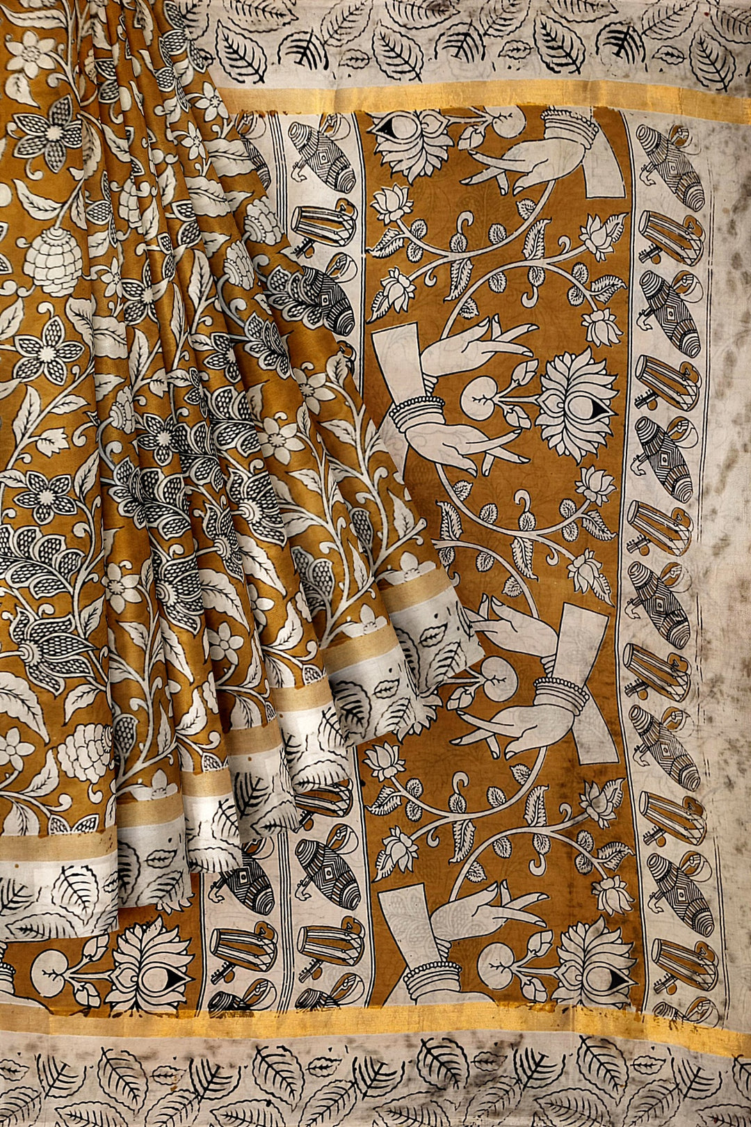 Mangalgiri silk cotton saree in mustard in  kalamkari print