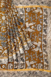 Mangalgiri silk cotton saree in mustard in  kalamkari print