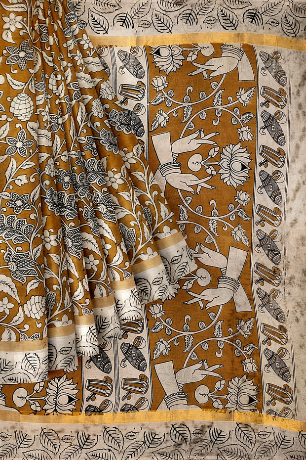 Mangalgiri silk cotton saree in mustard in  kalamkari print