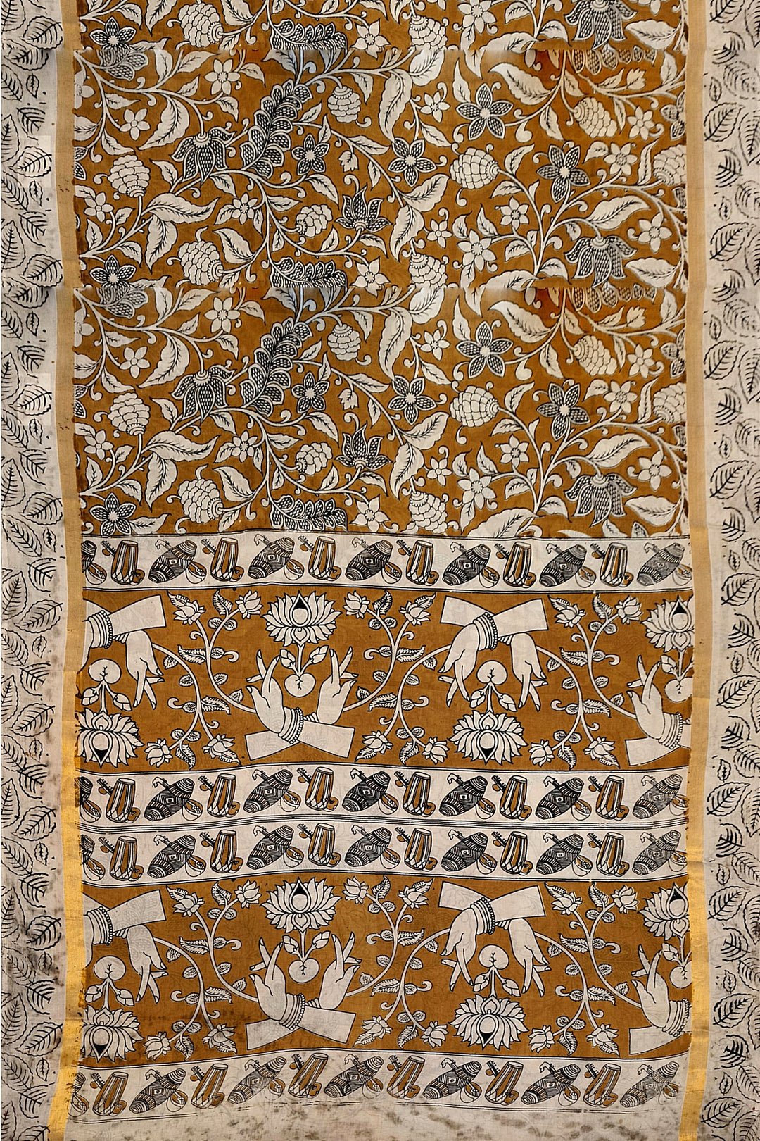 Mangalgiri silk cotton saree in mustard in  kalamkari print