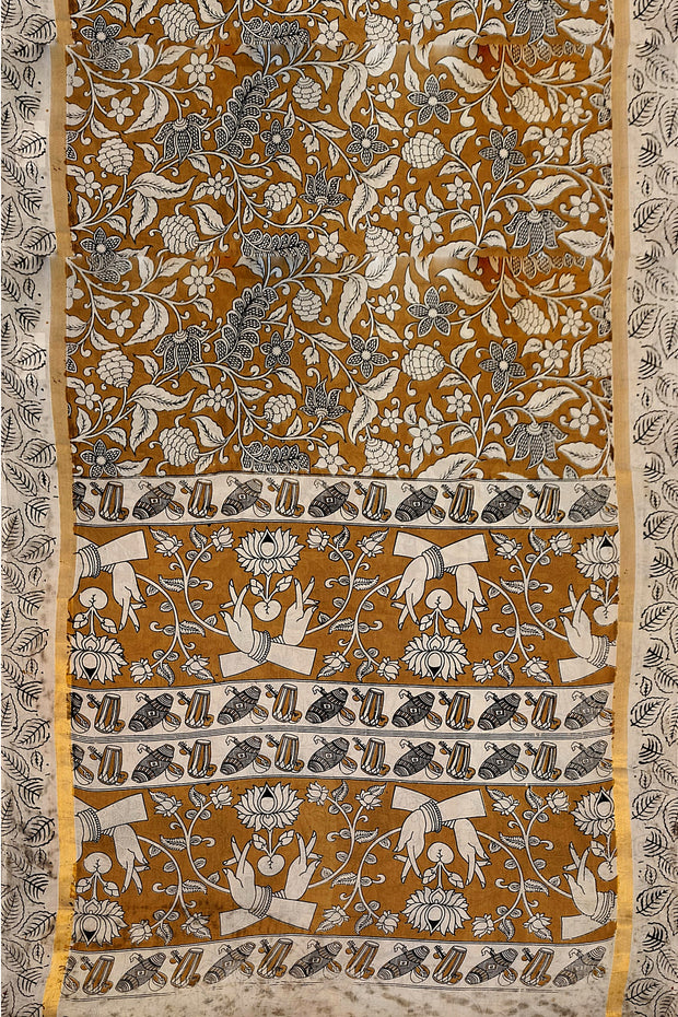 Mangalgiri silk cotton saree in mustard in  kalamkari print