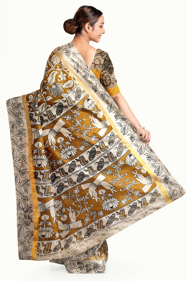 Mangalgiri silk cotton saree in mustard in  kalamkari print