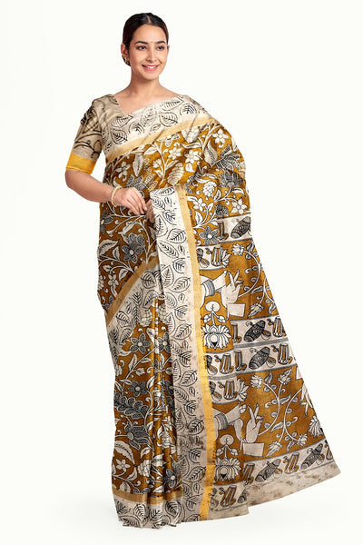 Mangalgiri silk cotton saree in mustard in  kalamkari print