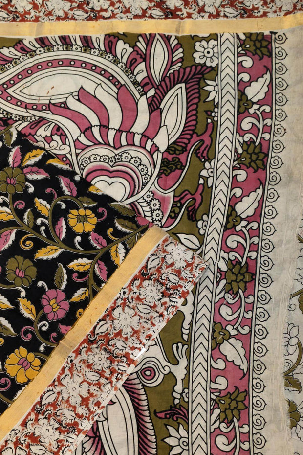 Mangalgiri silk cotton saree in black in  kalamkari print