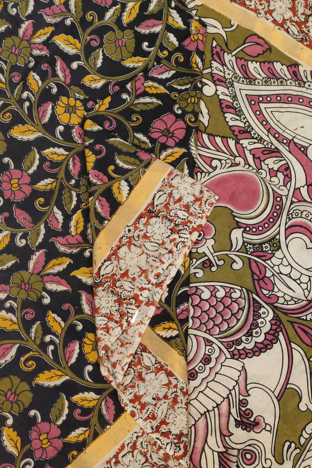 Mangalgiri silk cotton saree in black in  kalamkari print
