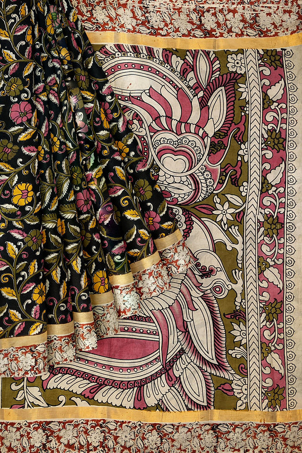 Mangalgiri silk cotton saree in black in  kalamkari print