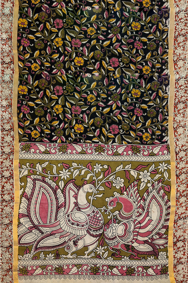 Mangalgiri silk cotton saree in black in  kalamkari print