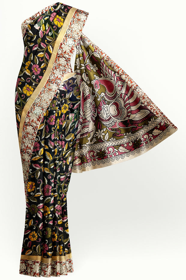 Mangalgiri silk cotton saree in black in  kalamkari print