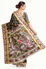 Mangalgiri silk cotton saree in black in  kalamkari print