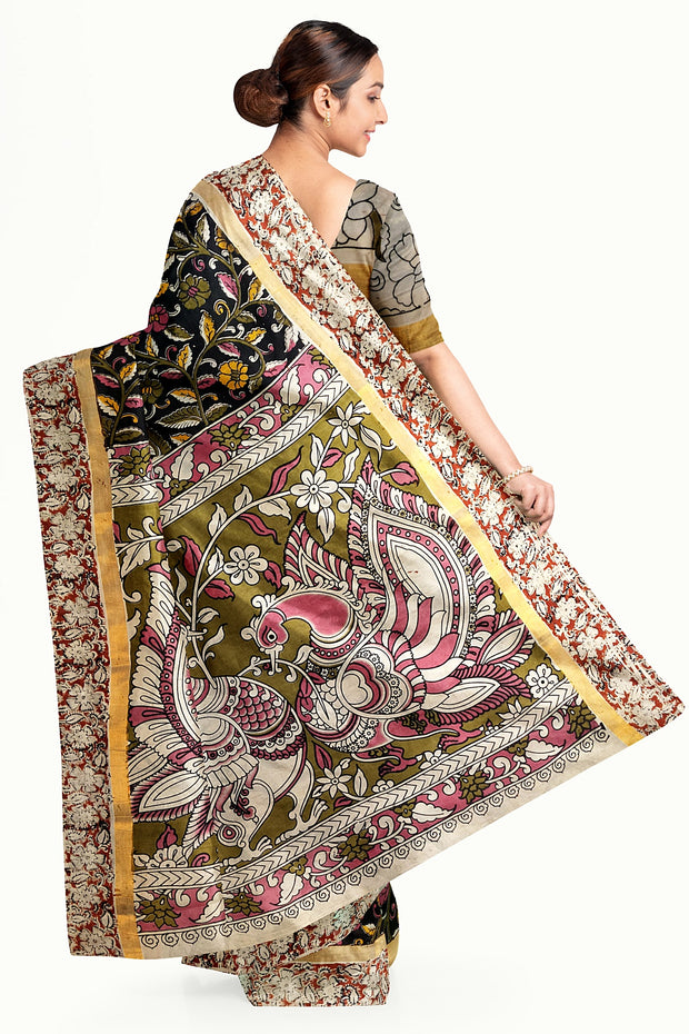 Mangalgiri silk cotton saree in black in  kalamkari print