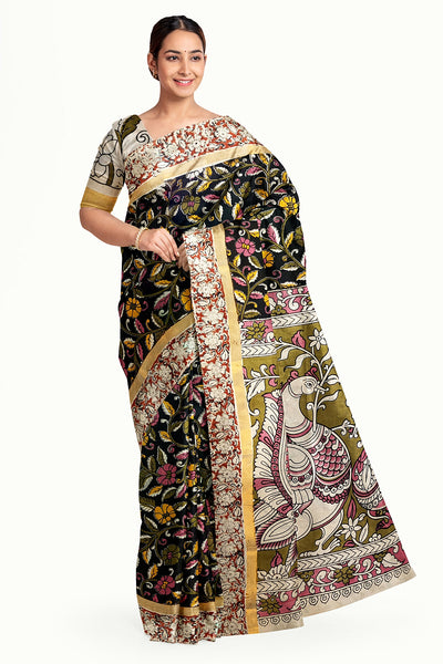 Mangalgiri silk cotton saree in black in  kalamkari print