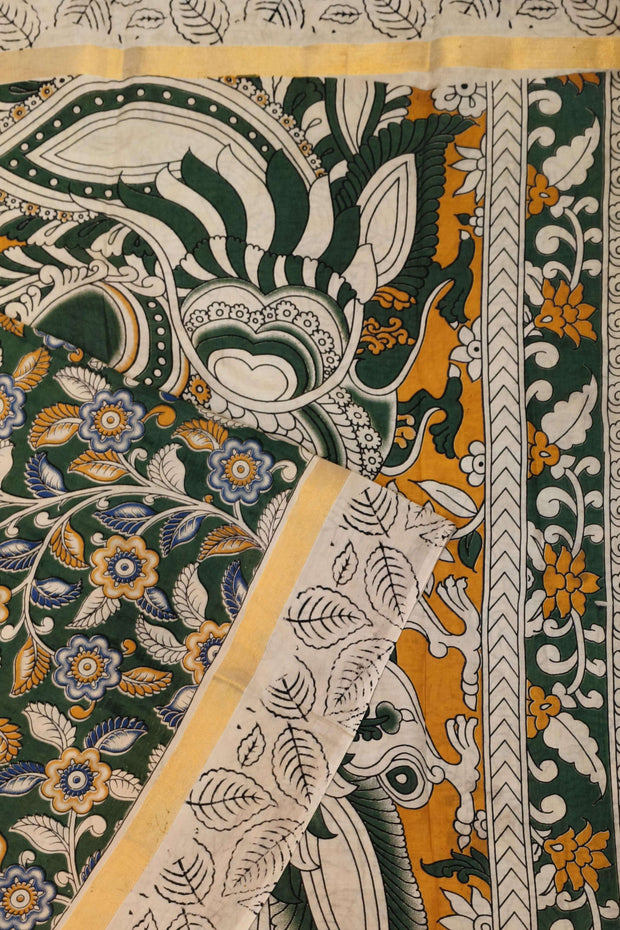 Mangalgiri silk cotton saree in green  in kalamkari print