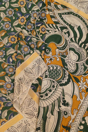 Mangalgiri silk cotton saree in green  in kalamkari print