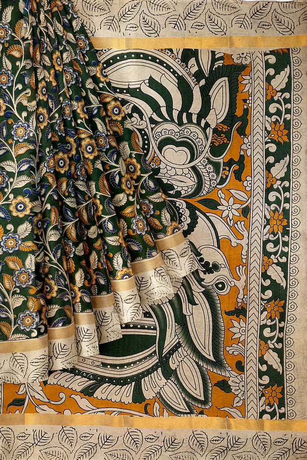Mangalgiri silk cotton saree in green  in kalamkari print
