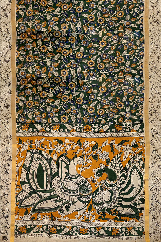 Mangalgiri silk cotton saree in green  in kalamkari print