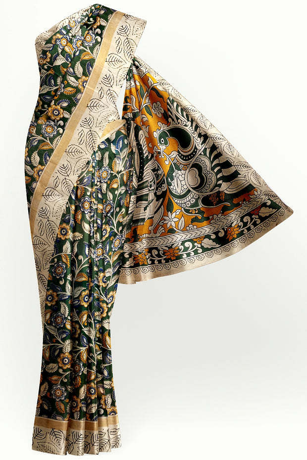 Mangalgiri silk cotton saree in green  in kalamkari print
