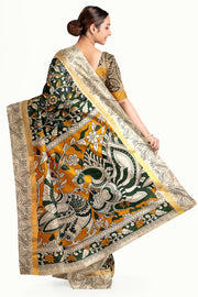 Mangalgiri silk cotton saree in green  in kalamkari print