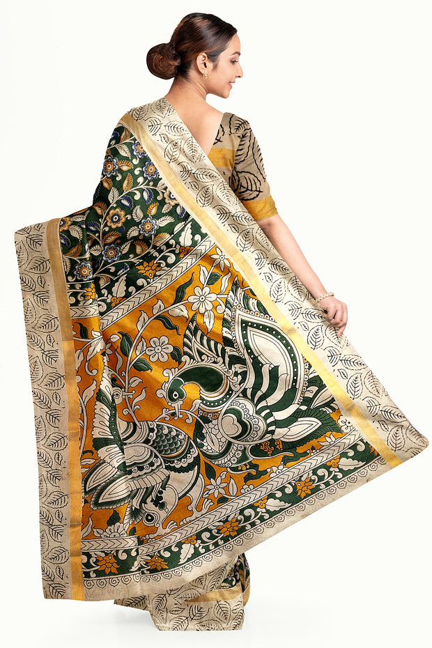 Mangalgiri silk cotton saree in green  in kalamkari print
