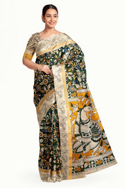Mangalgiri silk cotton saree in green  in kalamkari print