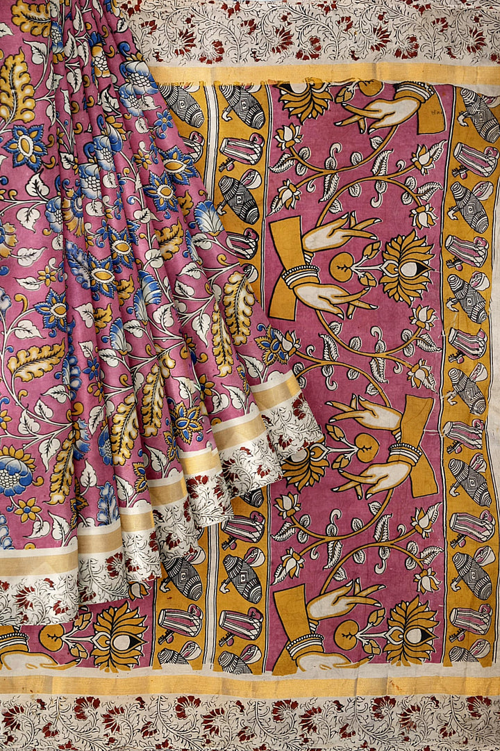 Mangalgiri silk cotton saree in pink in kalamkari print