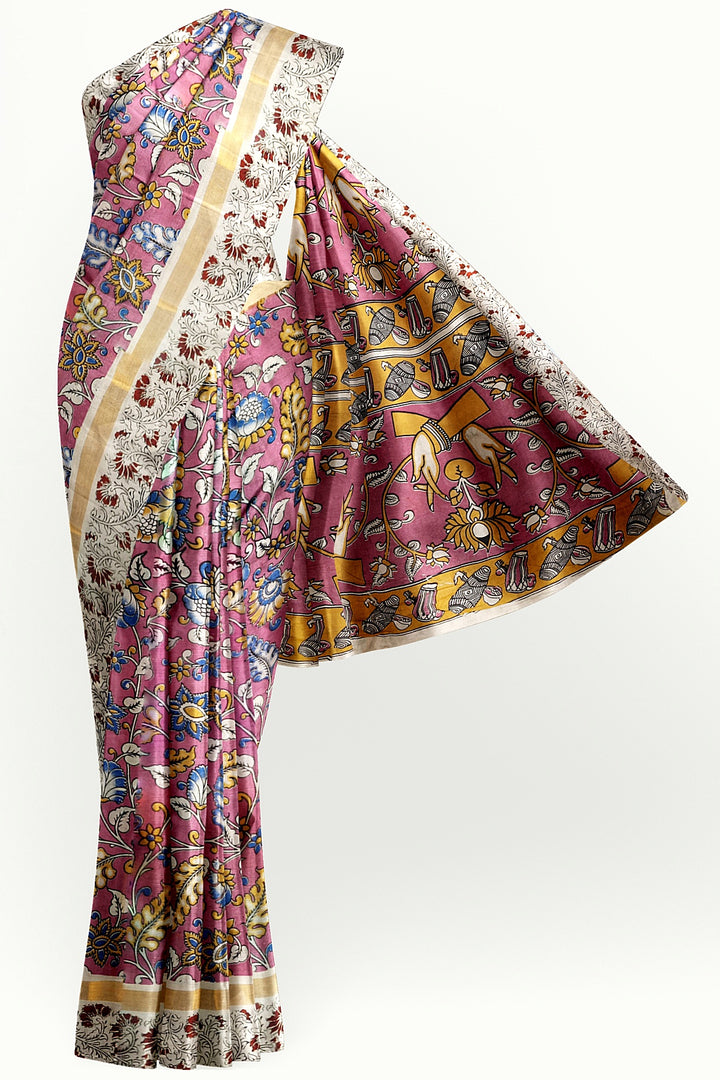 Mangalgiri silk cotton saree in pink in kalamkari print