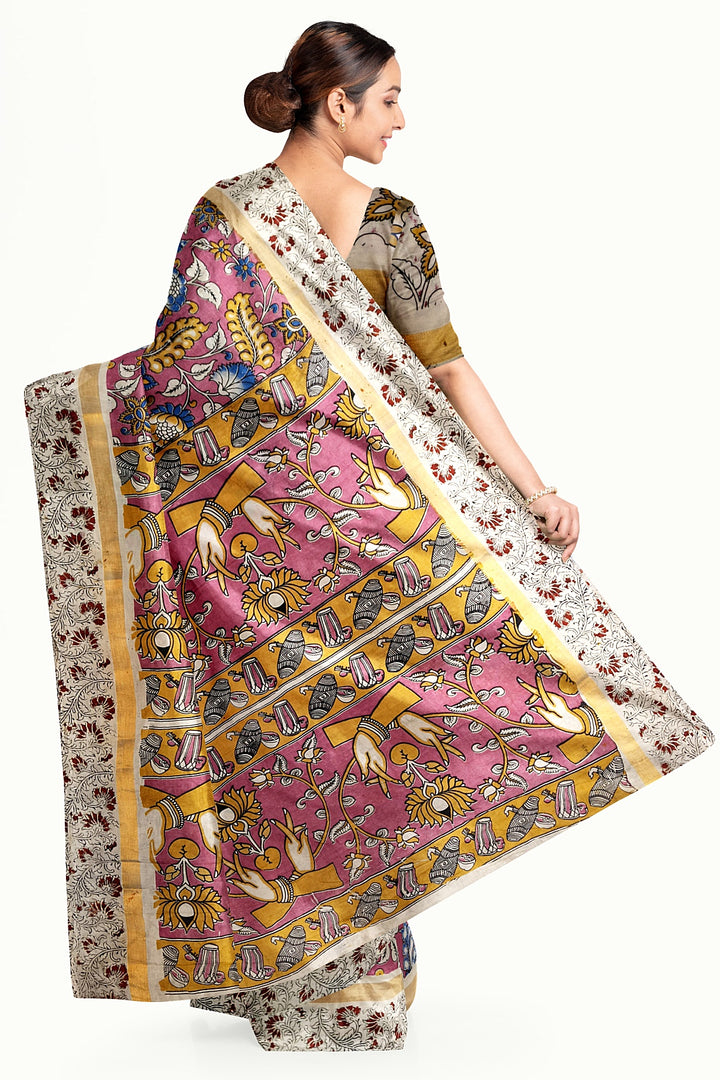 Mangalgiri silk cotton saree in pink in kalamkari print